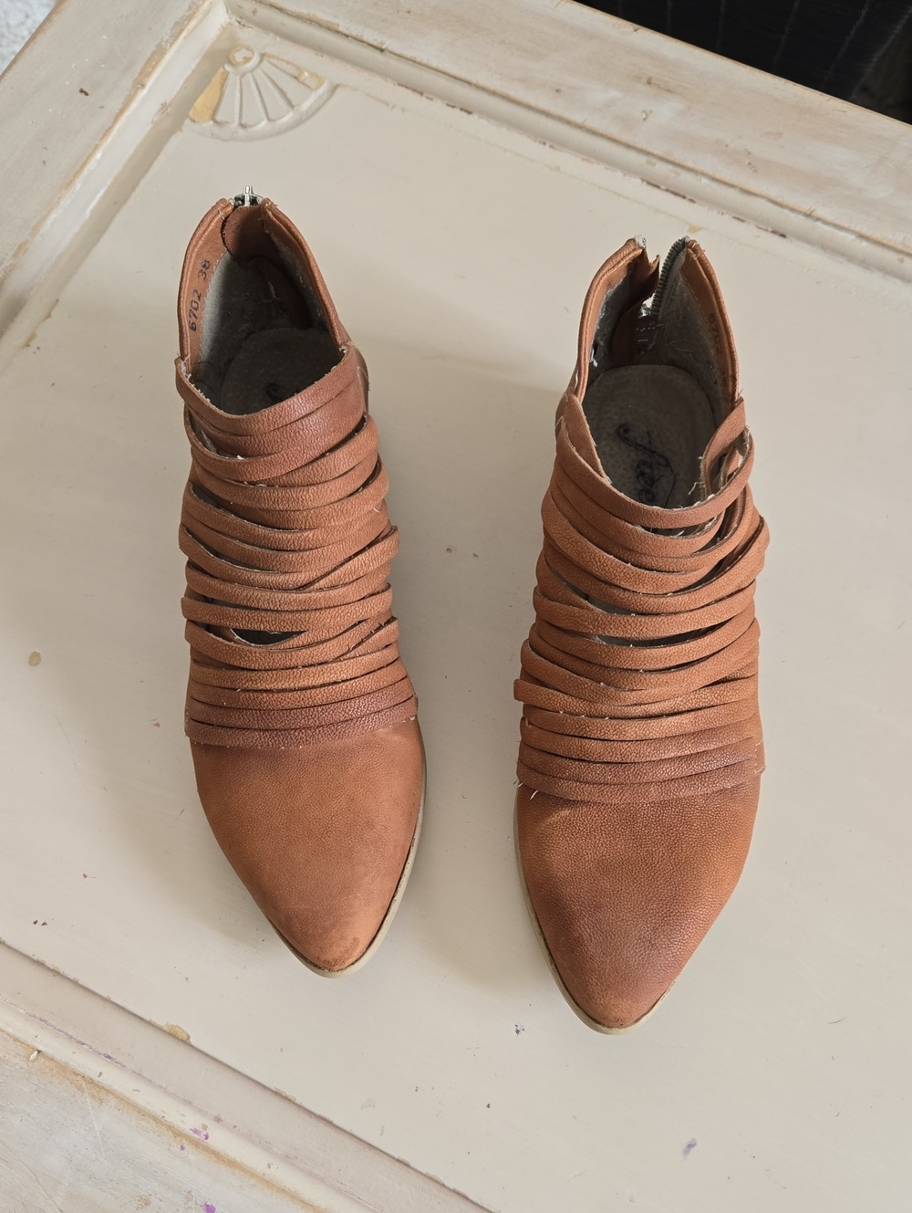 Free People Tan Strappy Pointed Ankle Booties